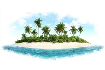 Beautiful island landscape with palm-fringed beach and crystal-clear water under a blue sky on solid white background