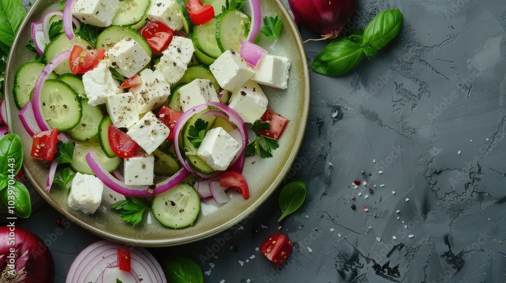 Poster Feta red onion cucumber salad Space for text top view