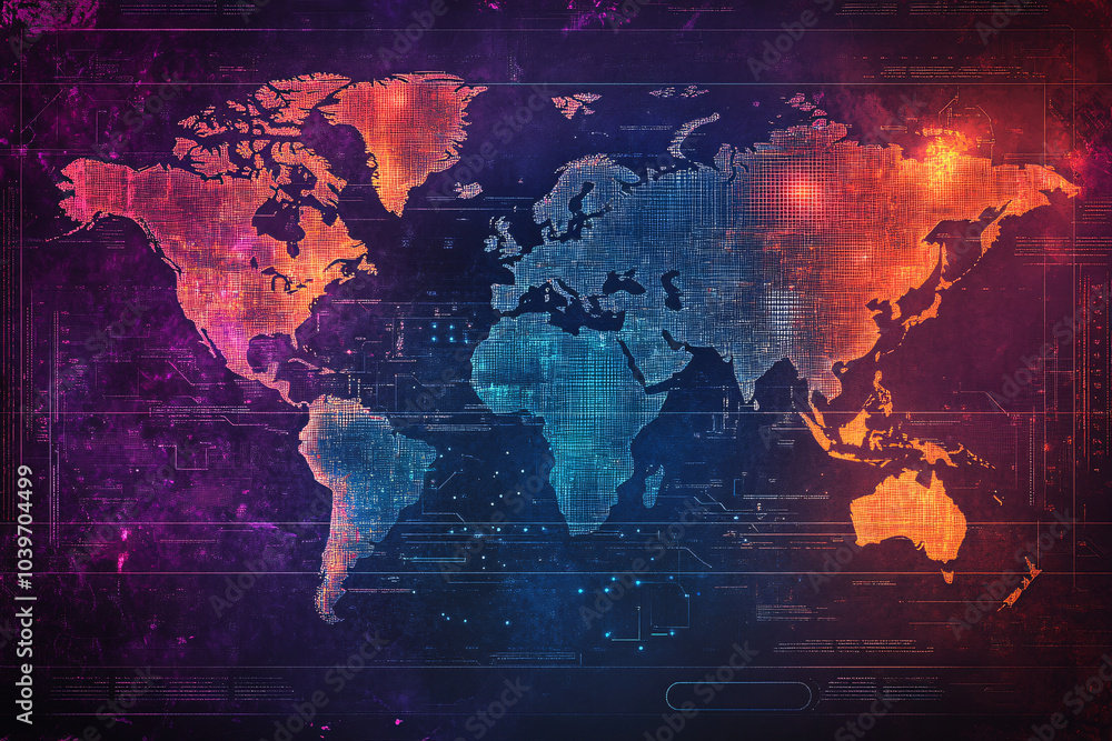 Poster a digital world map illuminated in bright colors including orange blue and purple with glowing data 