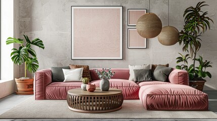 Stylish interior of living room with design pink sofa elegant pouf coffee table plants pillows decoration elegant personal accessories and mock up poster frames in modern home decor