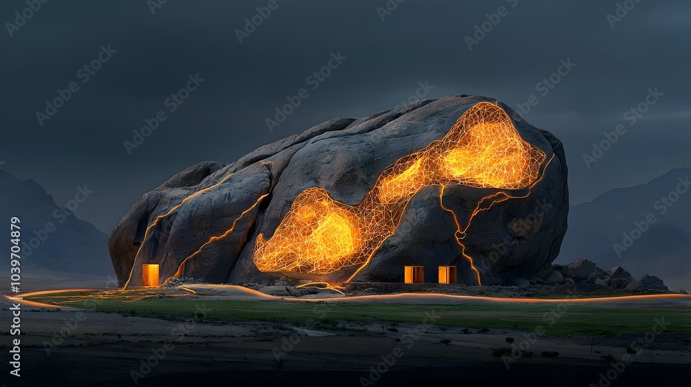 Fototapete Breathtaking digital showcasing glowing rock formations with intricate mesh patterns that represent the ancient fault lines running through the stunning surreal landscape