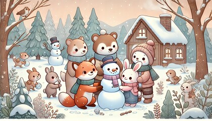 A Heartwarming Winter Scene Featuring 4-5 Adorable Animals Joyfully Building a Snowman Outside a Cozy Home, Surrounded by a Gentle Snowfall in a Pastel-Colored Winter Wonderland
