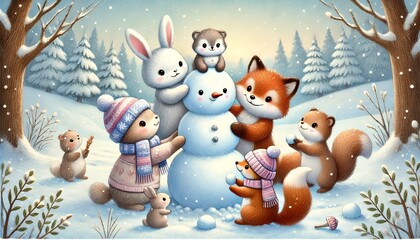 A Heartwarming Winter Scene with 4-5 Adorable Animals Building a Snowman Together