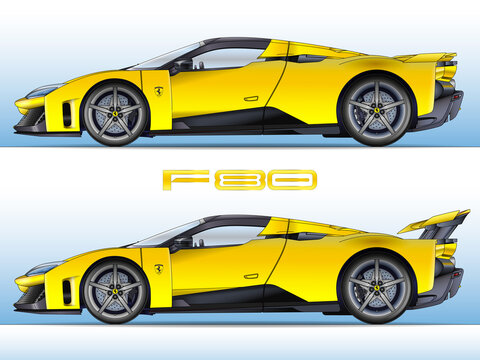 Maranello (Modena) Italy, october 2024, new Ferrari model F80 coloured drawing silhouette, yellow color, super sport car, vector illustration