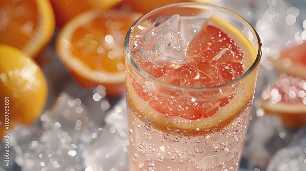 Poster A refreshing drink is served in a glass with ice and a slice of grapefruit