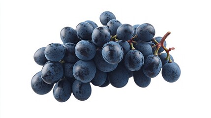 A bunch of dark blue grapes, with a few red stems, against a white background.