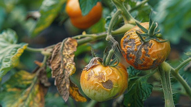 The leaves of a growing tomato are infected with phytophthora close up Withered dry leaves of vegetable crops in the garden Fungal infection on garden bed plants Common tomato disease