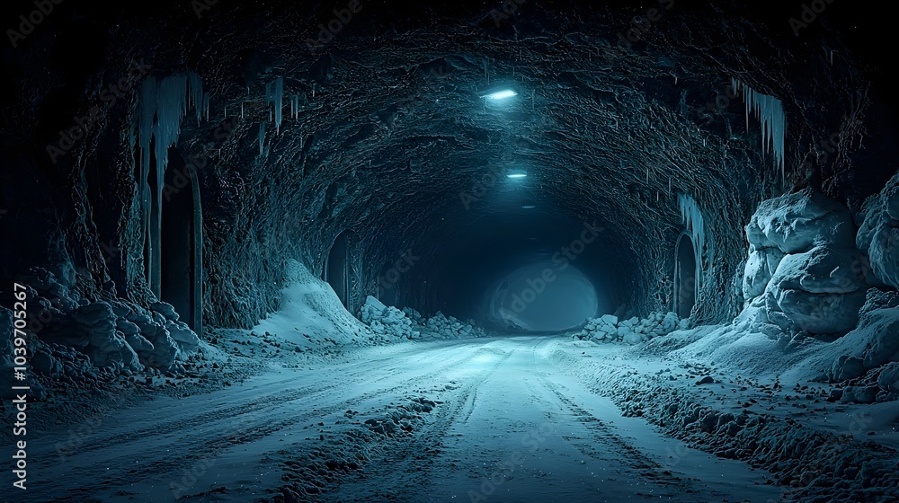 Poster breathtaking interior of an ice cave illuminated by a mesmerizing blue glow in the dark polar night 