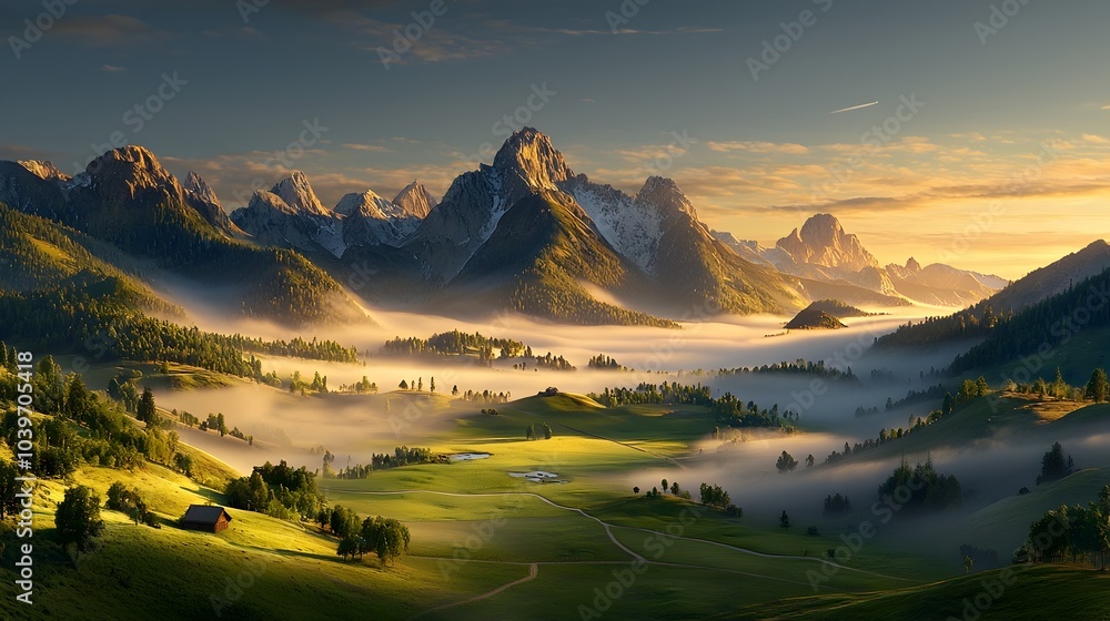 Poster breathtaking scene of glowing ethereal mesh clouds gently hovering over a tranquil valley bathed in 