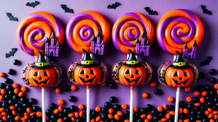 Close-up of Halloween treats with purple and orange swirls, mini bats, castles, and pumpkin faces. Each is topped with a witch's hat, set against a purple background sprinkled with festive candies.