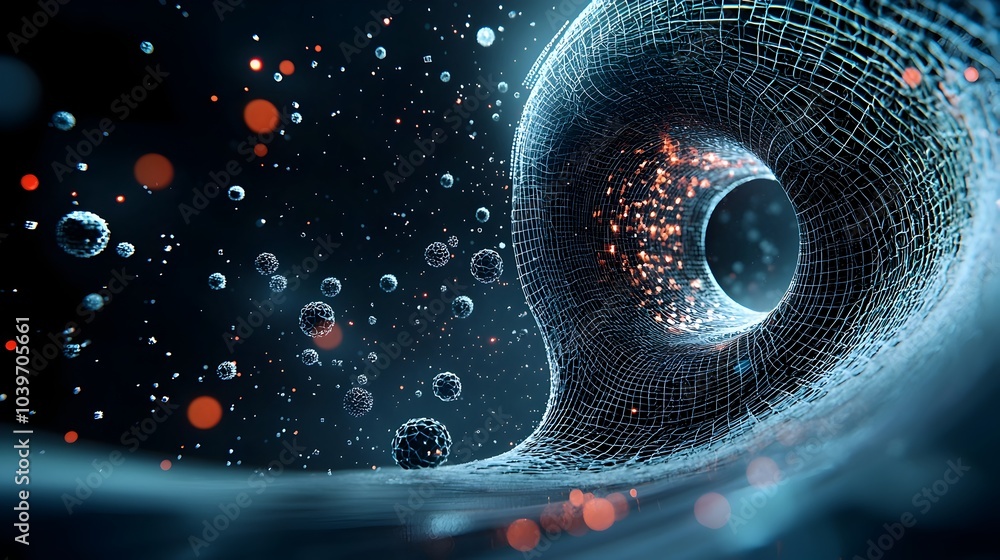 Poster Captivating abstract composition featuring a mesmerizing glowing vortex with swirling neon particles in a dynamic futuristic digital landscape  This visually striking image evokes a sense of energy