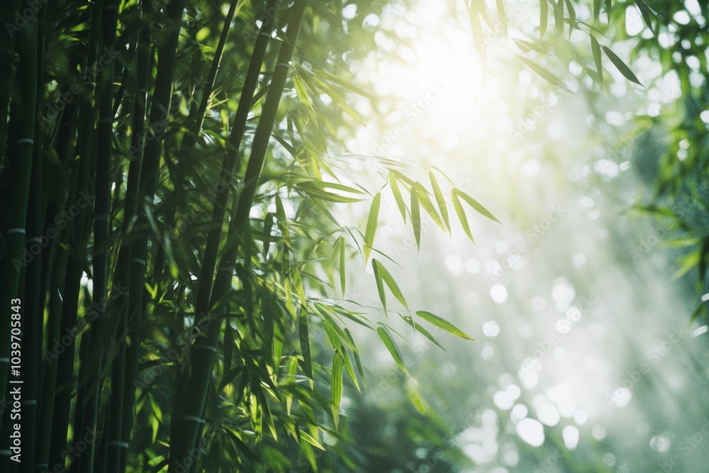 Poster serene bamboo forest with tall green trunks and sunlight streaming through on solid white background