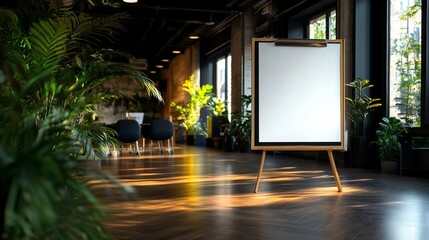 Fototapeta premium Blank whiteboard easel in a modern office space with plants and sunlight.
