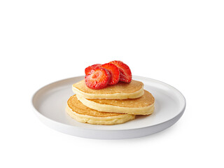 Pancake is in the plate, chocolate, strawberry, coffee isolated style white background.