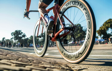 Road Cycling Race: Close-up of Cyclist's Wheel 