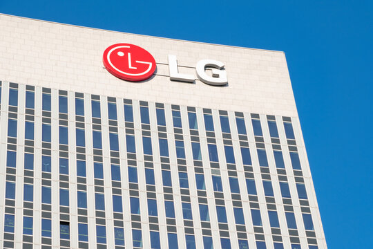 iconic LG logo on modern building, technological innovation and global reach, chemical products and telecommunications equipment, Frankfurt - September 1, 2024