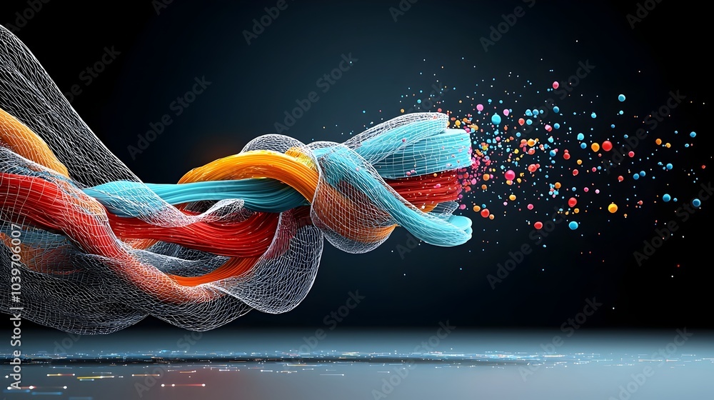Poster captivating abstract composition of glowing geometric mesh elements floating mid air in a sleek futu