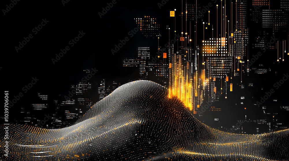Poster Captivating abstract digital artwork featuring a dynamic data stream flowing and pulsing through a mesmerizing grid of glowing luminous lines and shapes  This vibrant