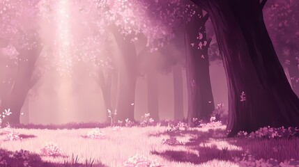 Fototapeta premium Magical Pink Forest with Sunbeams and Flowers