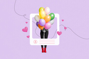 Composite artwork collage of app image frame blogger like profile young lady incognito stand hand...