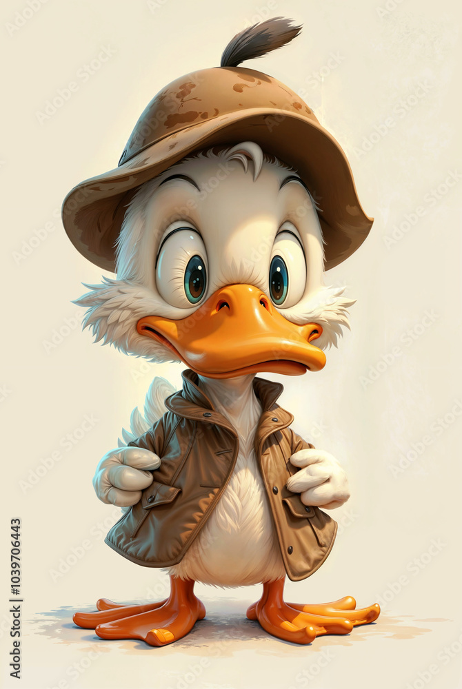 Poster white duck detective in a hat. generative ai