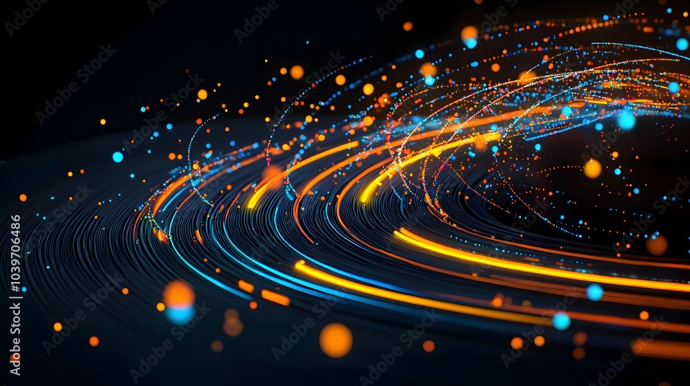 Poster captivating abstract digital graphics featuring a glowing radial burst of vibrant neon mesh lines an