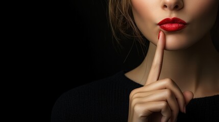 Keep Quiet. Mysterious Woman Asking for Silence with Finger on Lips in Isolated Black Background
