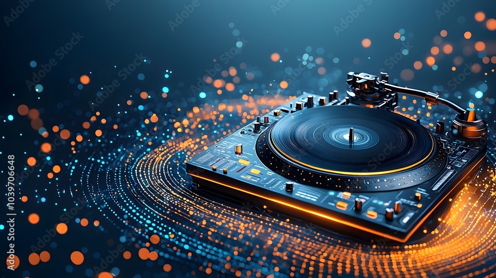 Aufkleber captivating abstract image of a glowing mesh dj turntable spinning with vibrant light waves and dyna