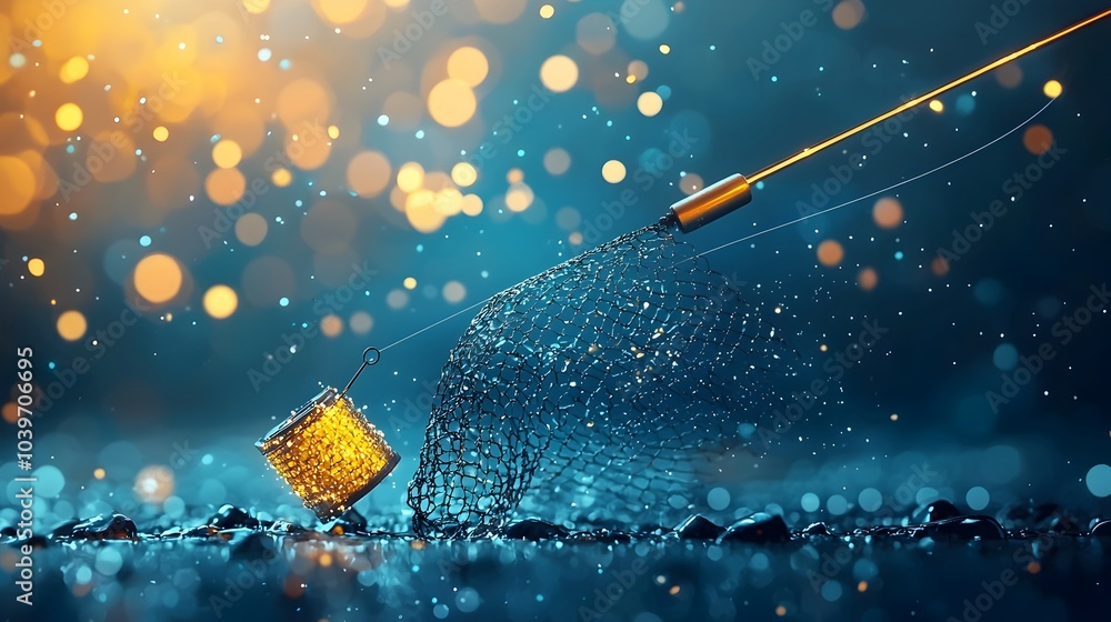 Aufkleber Captivating abstract image of a glowing mesh fishing rod casting a luminous neon line into shimmering water creating a futuristic and ethereal visual effect