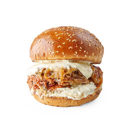 Hamburger and cheeseburger with sauce and green salads isolated white background