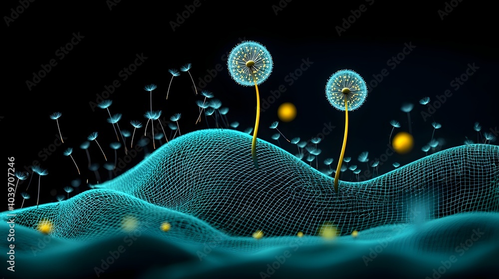 Leinwandbilder captivating digital artwork depicting glowing mesh like waves surrounding delicate dandelion seeds d