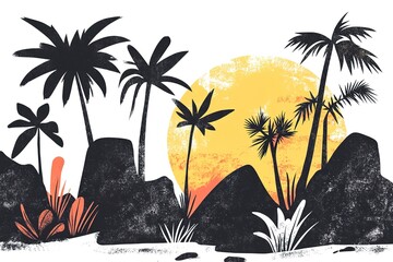 A colorful painted rock with palm trees and a sunset reflecting in the water. The design is simple, with black outlines, a white background