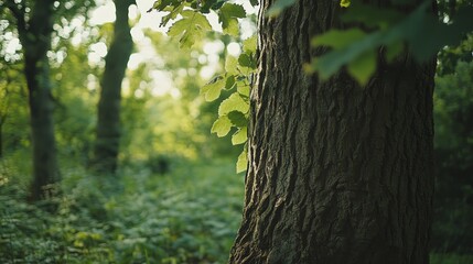 Obraz premium A close-up of a tree trunk in a lush green forest with sunlight filtering through the leaves.