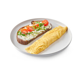 Egg and bread toast plate white background and isolated.