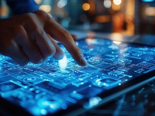 Naklejka premium Close-up of hand interacting with a futuristic digital interface on a tablet, showcasing technology and innovation.