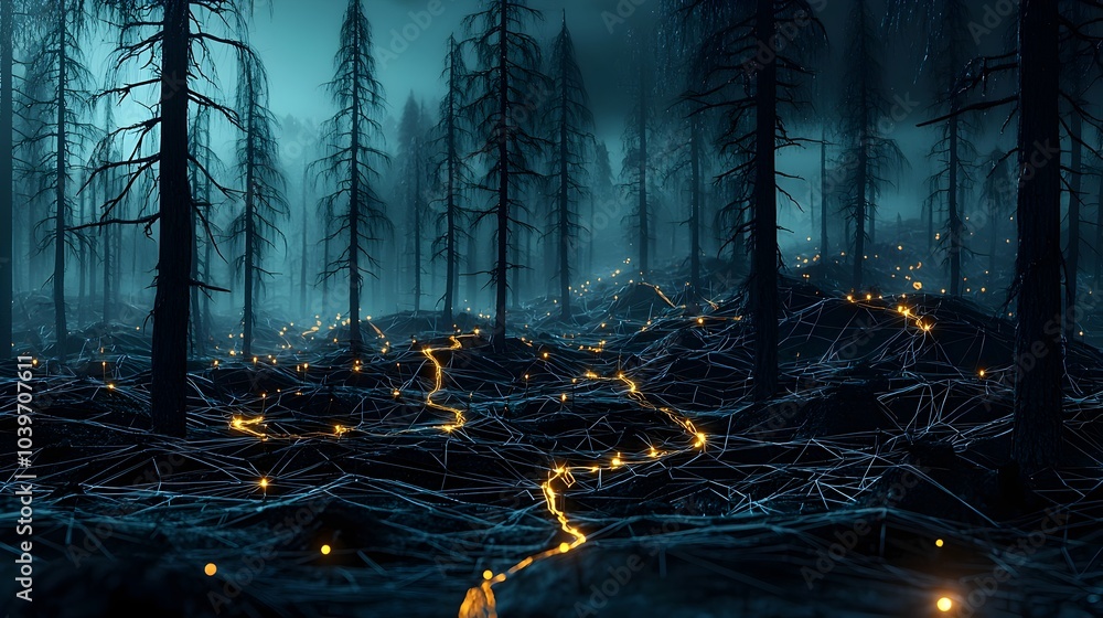 Poster captivating digital depicting a forest landscape with glowing mesh pathways outlining hidden animal 