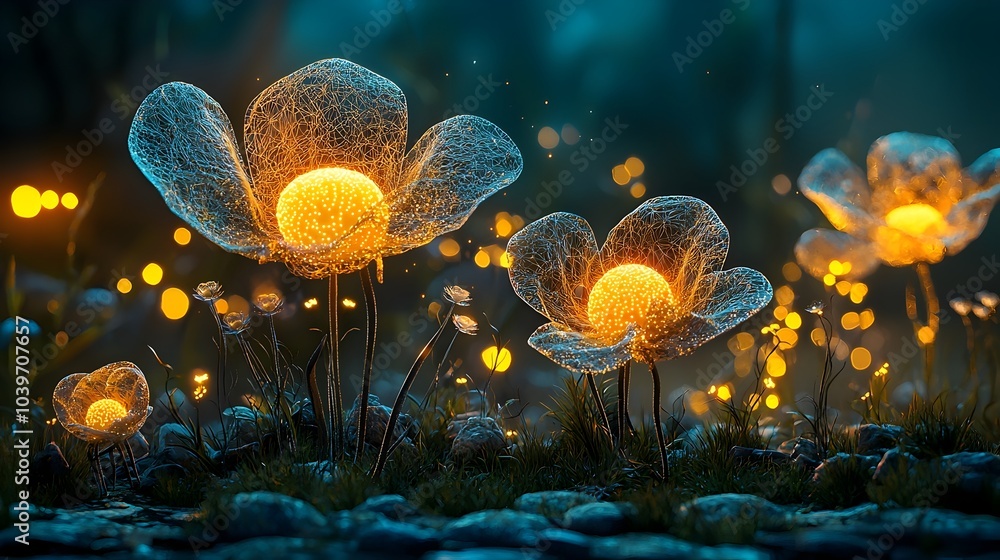 Aufkleber Captivating digital depicting glowing mesh flowers arranged in mesmerizing abstract shapes creating a dreamy and ethereal atmosphere in a serene night garden setting