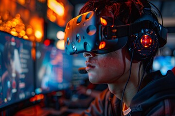 A young gamer experiences an immersive virtual reality session, wearing a headset and headphones, surrounded by multiple screens displaying vibrant game graphics in a bustling esports arena