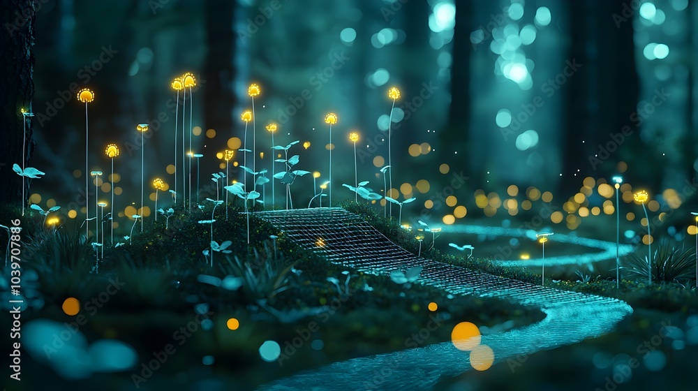 Aufkleber captivating digital landscape with glowing mesh paths outlining hidden animal trails through a lush 