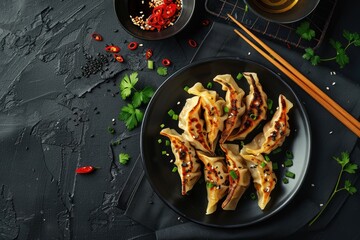 Gyoza Japanese korean dumplings on gray plate on the tabl. Top viewe