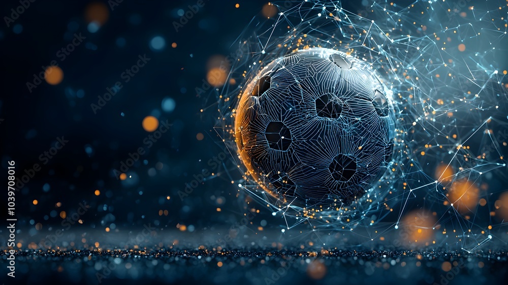 Poster captivating digital of a soccer ball suspended in mid air its surface composed of a glowing mesh lik
