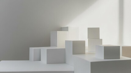 An abstract arrangement of building blocks in a minimalist exhibition hall, Blocks forming intricate geometric patterns, Minimalist artistic style