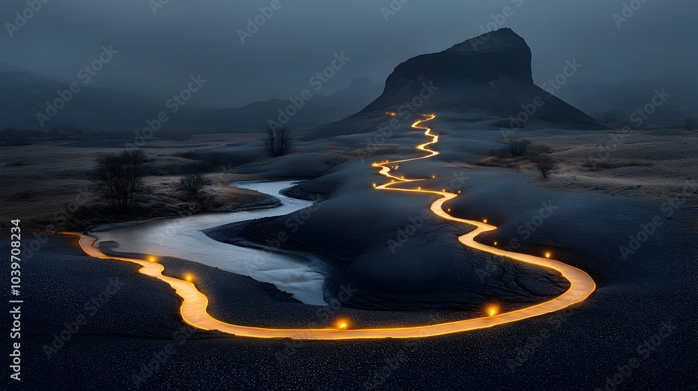 Poster Glowing mesh lines dynamically outlining the path of molten lava flowing down the rugged terrain of an active volcano  This futuristic