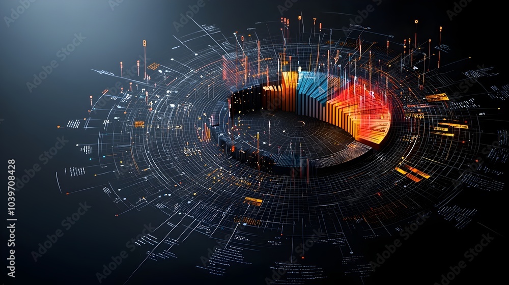 Leinwandbilder Captivating Glowing Mesh Line Pie Chart Illuminated in Striking Neon Color Hues Representing Dynamic Data Visualization and Analytics