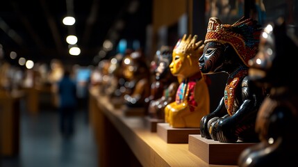 A row of colorful wooden figurines in a museum display.