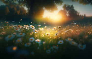 Fototapeta premium A field of daisies basks in the golden light of the setting sun.