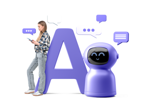 Woman using smartphone, leaning against oversized A with a cute robot nearby, surrounded by chat bubbles on a white background, concept of AI chatbots