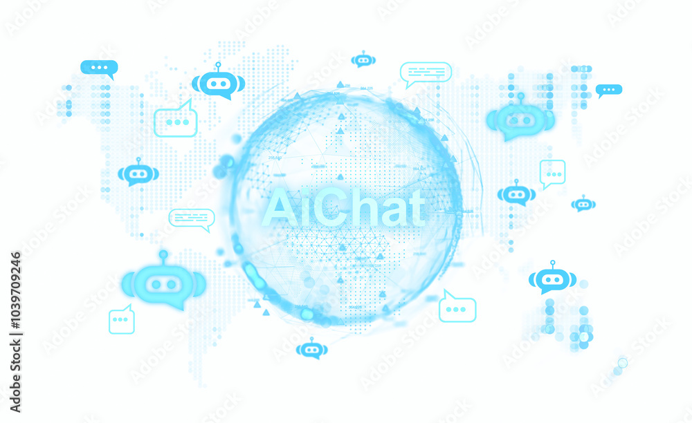 Poster futuristic digital globe with chatbots and speech bubbles on white background. concept of global com