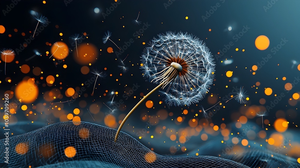 Fototapete captivating image of glowing mesh like waves enveloping and carrying drifting dandelion seeds as the