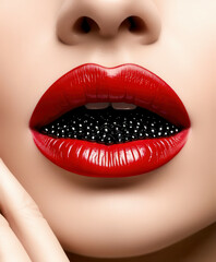 Obraz premium A woman's lips are painted red with black glitter
